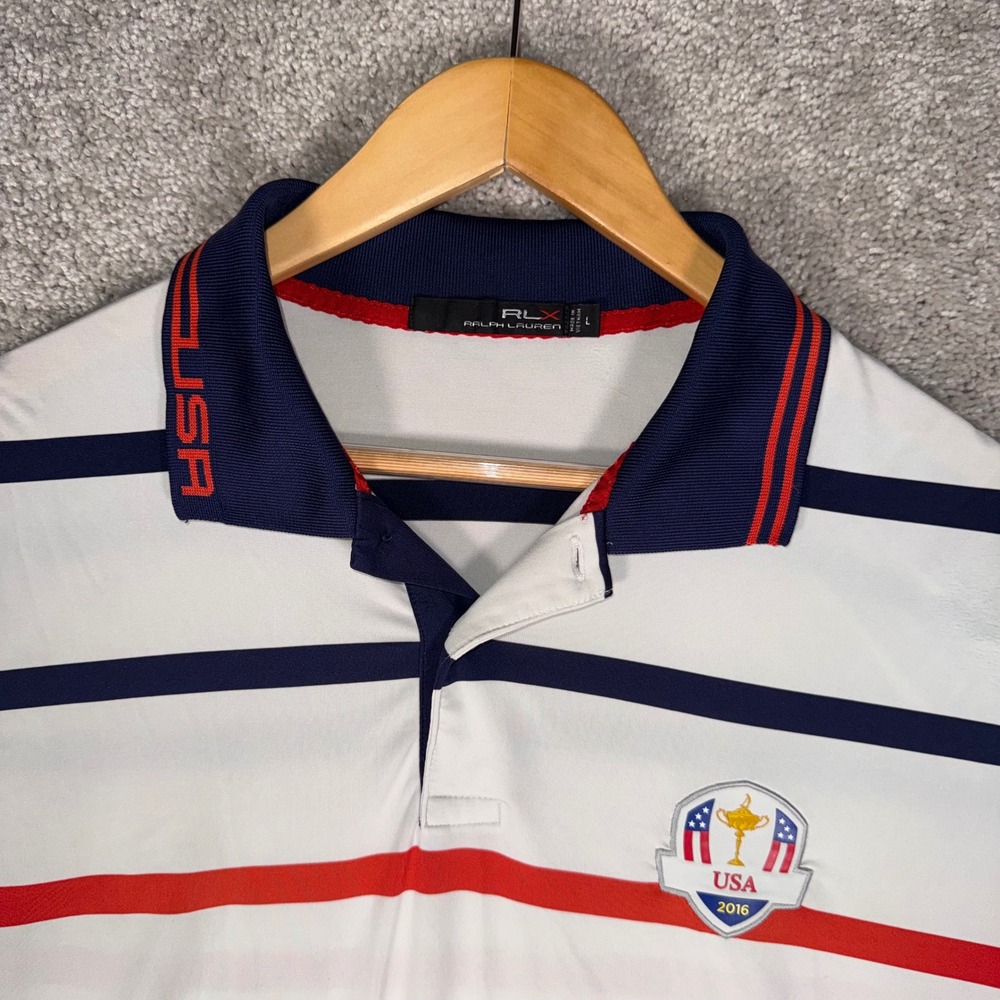 RLX‎ Ralph Lauren Men's L USA 2016 Ryder Cup Striped Golf Polo Shirt White READ
